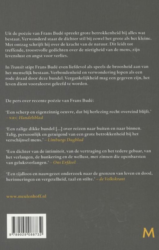Achterkant boek met tekst: "Uit de poëzie van Frans Budé...", "www.meulenhoff.nl" en een barcode.