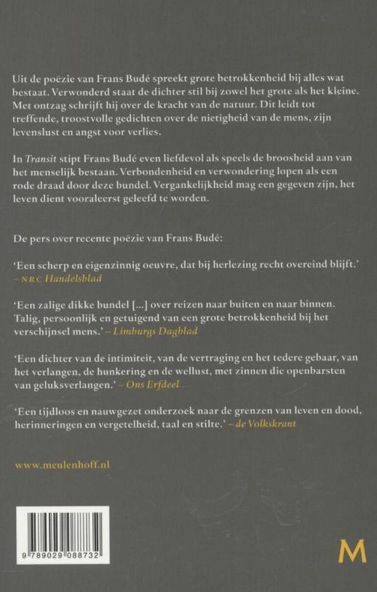 Achterkant boek met tekst: "Uit de poëzie van Frans Budé...", "www.meulenhoff.nl" en een barcode.