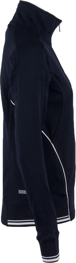 Zijaanzicht donkerblauw dames trainingsjack met witte biezen en logo.