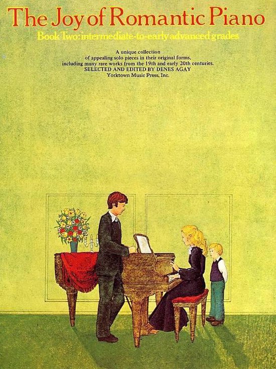 Livre 'The Joy of Romantic Piano Book Two', illustrant une famille jouant du piano.