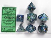 Chessex dobbelstenen set, 7 polydice, Festive green w/silver