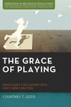 Boekomslag: 'The Grace of Playing' met een silhouet van een kind dat met papieren vliegtuigjes speelt, met de tekst 'Horizons in Religious Education'.