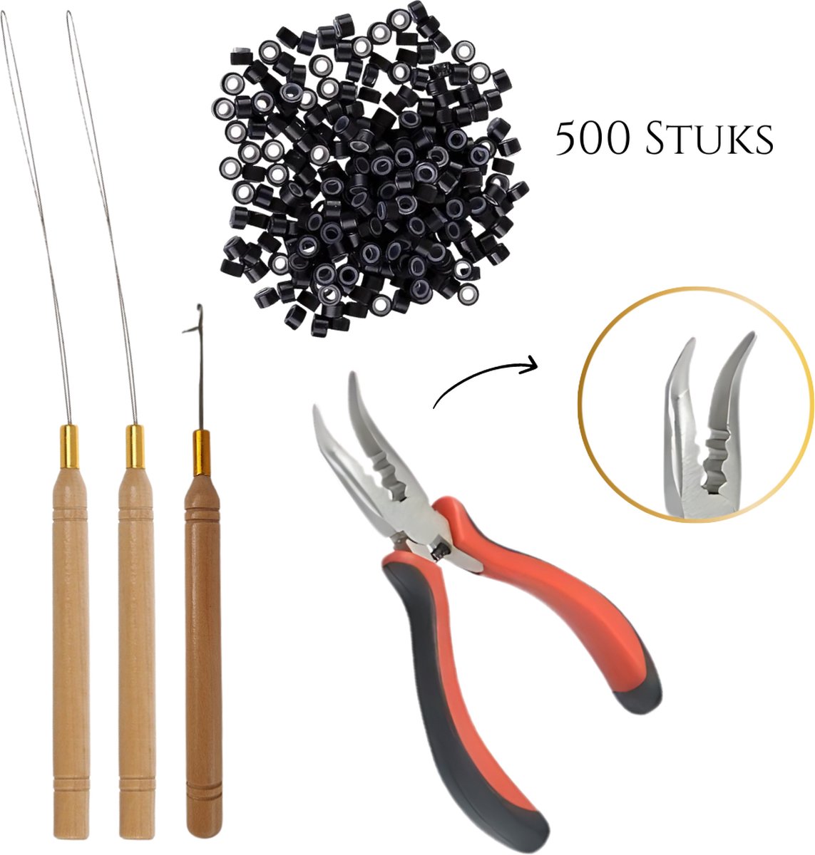 Thef - Startset voor Microring Extensions - 500 Microringen - 2x Microring Loopnaald - Haaknaald - Gebogen Tang - Hairextensions Tools - Zwart