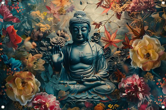 Boeddha tuinposter - Religie poster - Tuinposters Lotus - Wanddecoratie buiten - Tuinaccessoires - Tuinschilderij tuinposter 150x100 cm