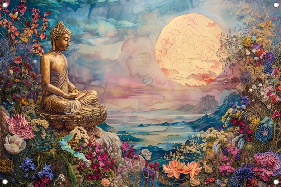 Boeddha tuinposter - Sculptuur poster - Tuinposters Bloemen - Tuinschilderij voor buiten - Tuin posters - Poster tuinposter 75x50 cm