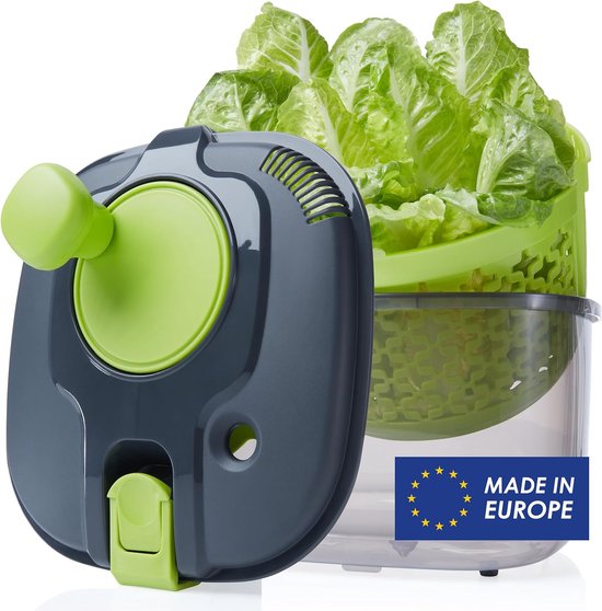 SveBake Saladecentrifuge roestvrij staal 18/10 met zwengelaandrijving en 6 liter slakom, vaatwasmachinebestendig