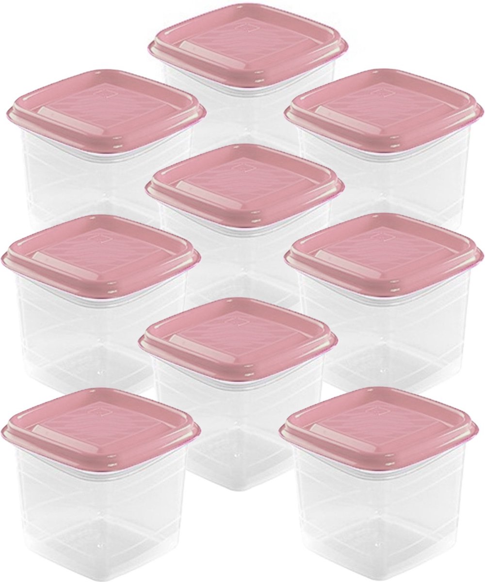 Hega Hogar Vershoudbakjes - set 9x stuks - 0.3 liter - transparant/roze - L8 x B8 x H11 cm - Mealprep - Maaltijden bewaren