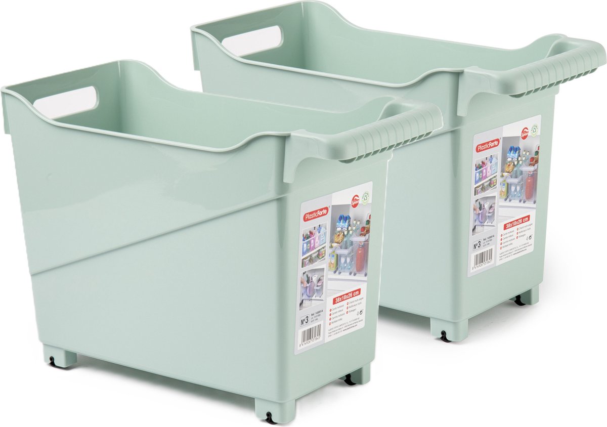 Plasticforte opberg Trolley Container - 2x - mintgroen - L38 x B18 x H26 cm - kunststof
