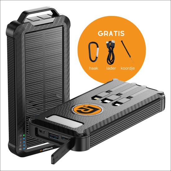 JIRTech® - Solar powerbank 10 000 mAh - Ingebouwde kabels - Iphone & Samsung - Solar Charger - Powerbank Zonneenergie - Draadloos opladen - Wireless charger - Snellaadfunctie - 6x USB - Usb C - Noodpakket - Zaklamp - Meerdere Apparaten