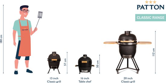 Illustratie met maten van Patton kamado barbecues: 13 inch, 16 inch en 20 inch.