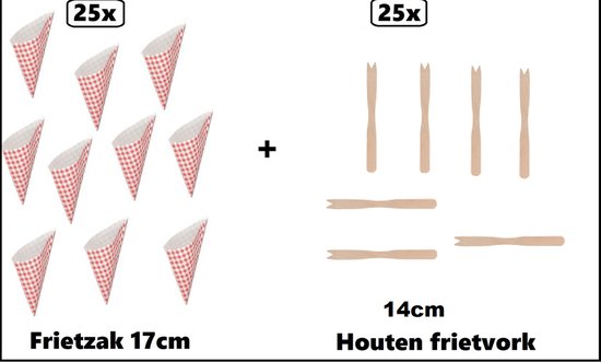 Foto: 25x frietzak boerenbont 17cm papier 25x xl frietvorkje hout 14cm geleverd in doosje niet in envelop ivm beschadiging friet puntzak patat friet frites bakje snack zak evenement uitdeel