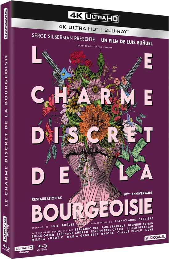 Blu-ray hoes van de film 'Le Charme Discret De La Bourgeoisie' met een corsage, wapens en geld.