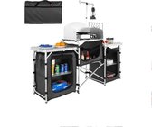 One stop shop - Campingkeuken - Buitenkeuken - Inklapbaar - 174x110x46cm - Campingkast - Incl. Opbergtas - Buitenkooktafel met opbergtas - Aluminium kookstation met 3 kasten - Afneembaar windscherm - Bruin