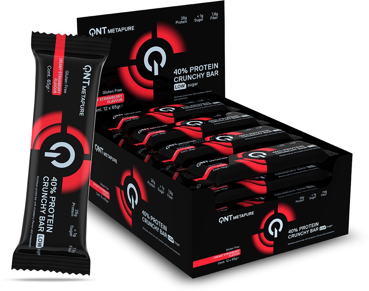 Goedkoopste QNT METAPURE 40 PROTEIN CRUNCHY BAR AARDBEI | 12 X 65 Gram