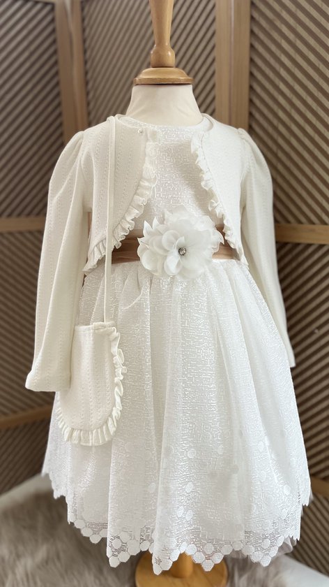 luxe feestjurk met jas en tasje-vintage jurk met borduursel-geborduurde jurk-bruiloft-fotoshoot-verjaardag-communie-witte kleur-katoen- 7 jaar maat 122