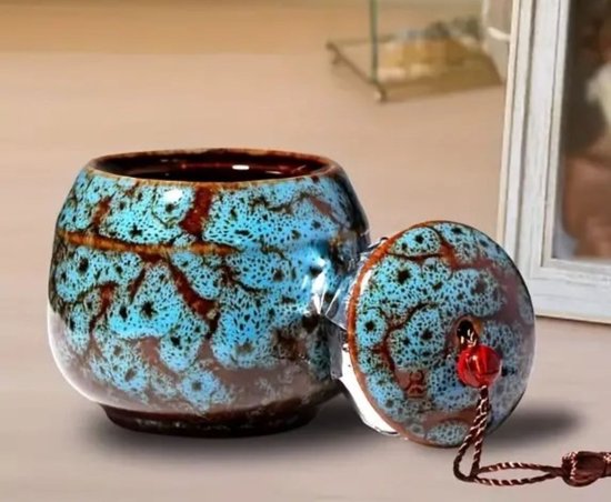 Keramieken Mini Urntje blauw klein met kwast Crematie As Urn Voor huisdier geliefde Ashouder Kist Urn Aandenken Huisdier Gedenkteken