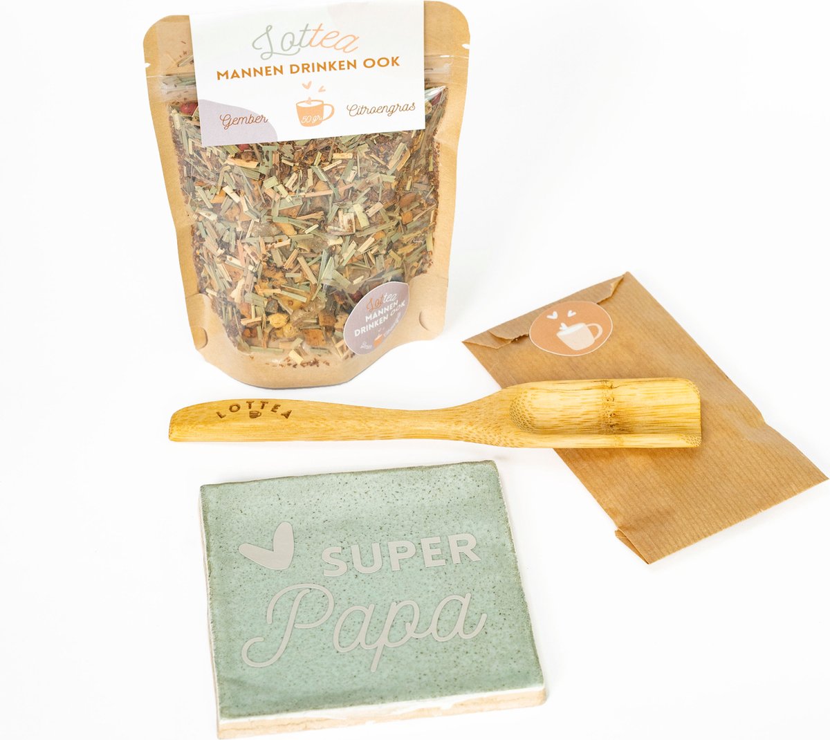 Lottea Giftset Tegeltje 'Super Papa' - cadeau voor papa, cadeau voor man, cadeau voor hem, thee cadeau, theeset, tegeltjes met tekst, brievenbus cadeau