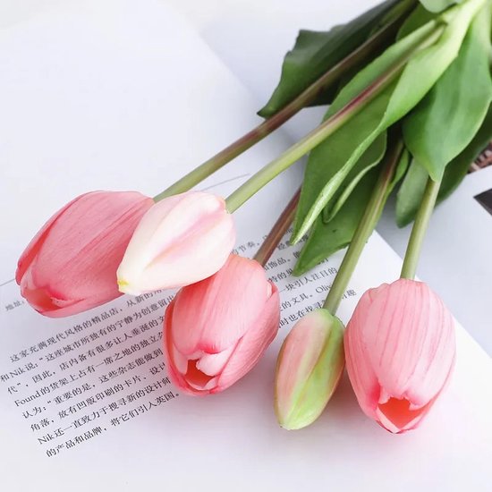 Real Touch Tulips - Pink - Real Touch Tulpen - Roze - Tulpen - Kunstbloemen - Kunst Tulpen - Kunst Boeket - Tulp - 40 CM - Zijden Bloemen - Latex Bloem - Bruiloft - Voorjaar - Lente