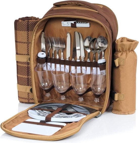 Picknickrugzak voor 4 personen | Picknickset 32-delig | incl. flessenhouder en fleece deken groot koelvak servies en bestek picnic basket