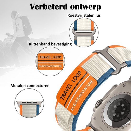 Detailopname van een Apple Watch bandje van beige textiel met oranje en blauwe randen, klittenbandsluiting en metalen connectoren.