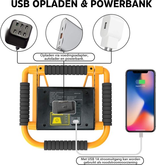 Lampe De Travail LED Rechargeable 20W, 2000 Lumens, Rotatable à 360°, étanche IP65, Batterie 5000 MAh - 3