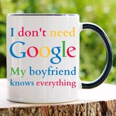 I dont't need Google My boyfriend knows everything - Valentijn cadeautje voor hem - Valentijn cadeautje voor haar - Verjaardag cadeau - Cadeau voor man - Cadeau voor vrouw - Verjaardag cadeau vrouw - Grappige cadeaus - Mokken - Theeglazen - Koffie