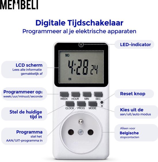 Gedetailleerde illustratie van een witte digitale tijdschakelaar met labels voor het LCD-scherm, knoppen en de geaarde uitgang.