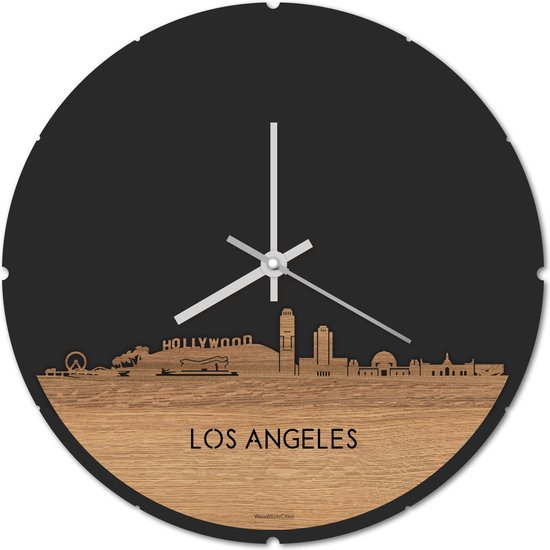 Skyline Klok Rond Los Angeles Eikenhout - Ø 44 cm - Stil uurwerk - Wanddecoratie - Meer steden beschikbaar - Woonkamer idee - Woondecoratie - City Art - Steden kunst - Cadeau voor hem - Cadeau voor haar - Jubileum - Trouwerij - Housewarming -