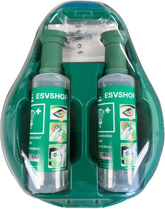 Groen oogspoelstation met twee "ESVSHOP" flessen. De flessen hebben labels met oog-iconen en instructies.