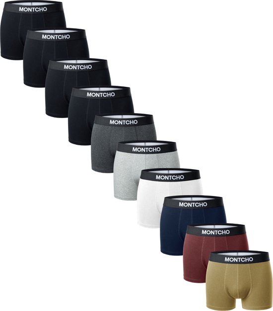 MONTCHO - Essence Series - Boxershort Heren - Onderbroeken heren - Boxershorts - Heren ondergoed - 10 Pack (4 Zwart - 1 Antraciet - 1 Grijs - 1 Wit - 1 Navy - 1 Bordeaux - 1 Kaki) - Heren - Maat XL