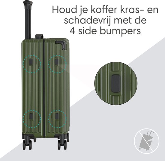 Olijfgroene koffer met close-up van de vier side bumpers. Tekst "Houd je koffer kras- en schadevrij met de 4 side bumpers".