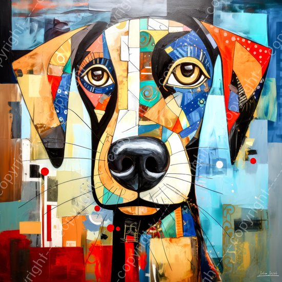 JJ-Art (Aluminium) 80x80 | Hond, portret, abstract, kleurrijk, kunst | dier, vierkant, bruin, rood, blauw, modern | foto-schilderij op dibond, metaal wanddecoratie