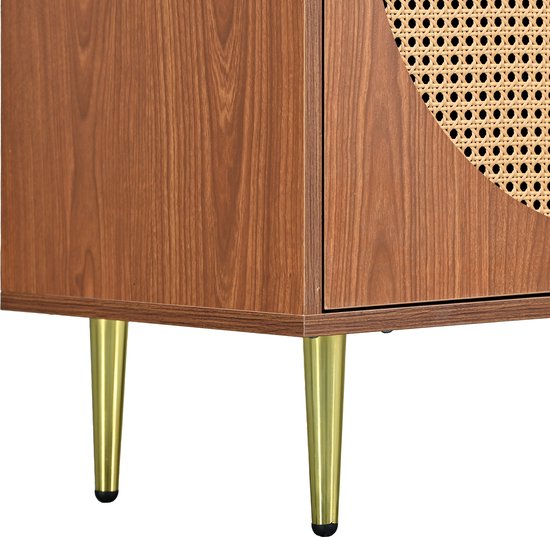 Sweiko Kast met 3 rotan decoratieve deuren, vijf emmerkast met metalen handvatten, geschikt voor slaapkamers, woonkamer, kantoren, walnoothout 129.8x40x76cm