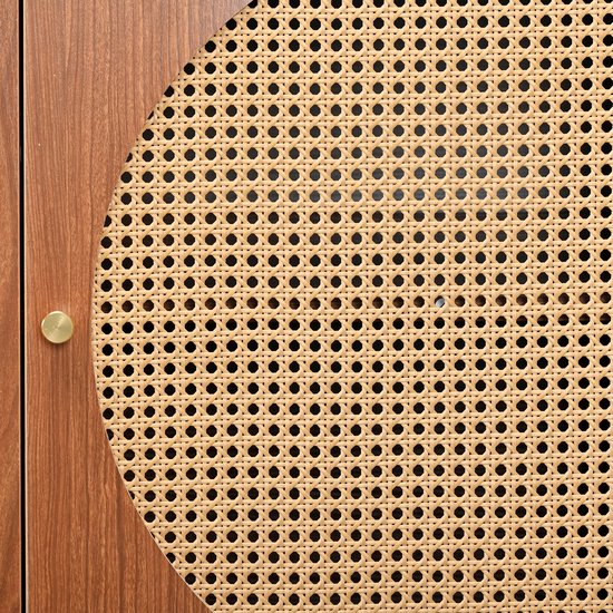 Sweiko Kast met 3 rotan decoratieve deuren, vijf emmerkast met metalen handvatten, geschikt voor slaapkamers, woonkamer, kantoren, walnoothout 129.8x40x76cm