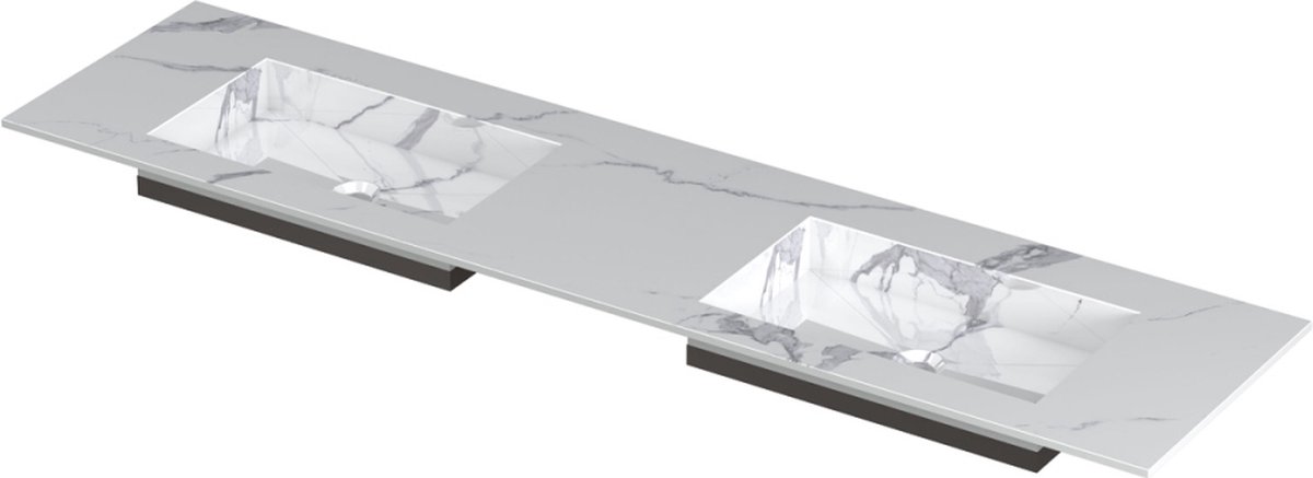 INK Post wastafel in keramische slab met envelop bodem dubbele wasbak zonder kraangat 180x45x1cm, statuario glans