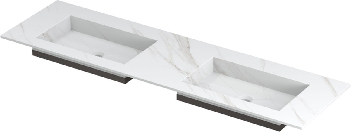 INK Post wastafel in keramische slab met envelop bodem dubbele wasbak zonder kraangat 160x45x1cm, calacatta mat