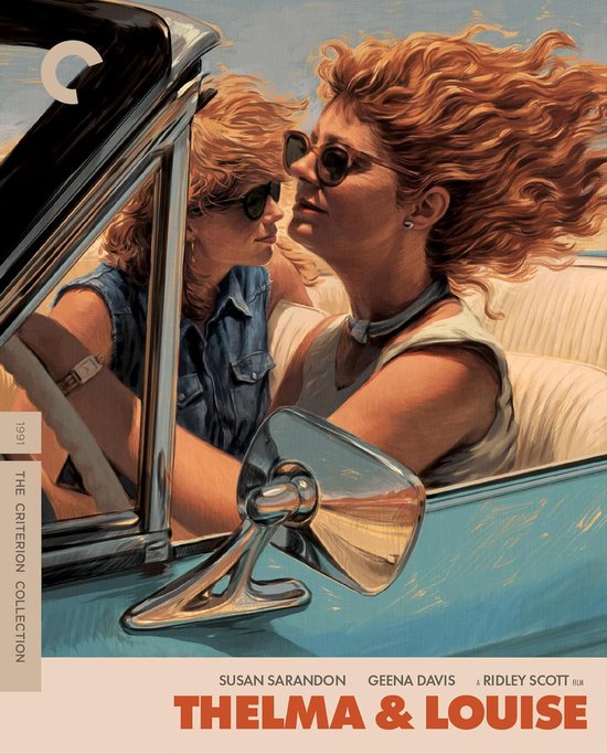 Thelma & Louise (1991) blu-ray cover. Twee vrouwen in een auto, Thelma en Louise, met wapperend haar.