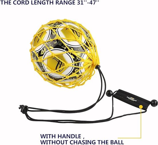 Voetbal in geel en zwart net met touwen en handvat, koordlengte 79-119 cm.