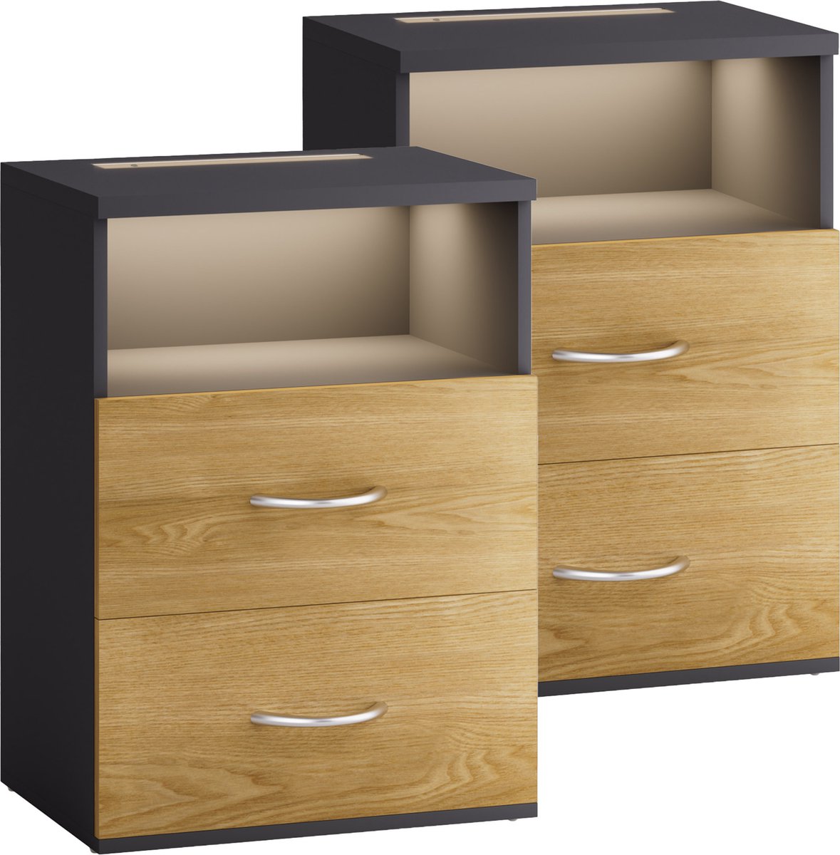 Casaria Nachtkastje Set van 2 - LED 2 Lades 40x28x55cm - HoutAntraciet