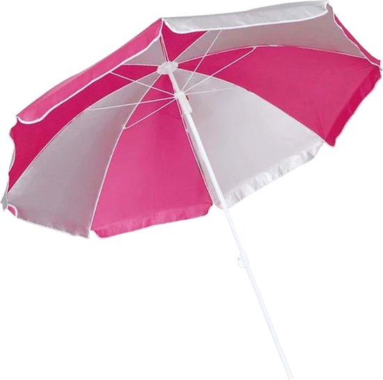 Roze en witte strandparasol, open met witte stok, D120 cm.