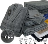 iSleep Terry Textile de bain - Set économique (9 pièces) - 1x Badjas - Taille L - 2x Gant de toilette 16x22 cm - 2x Serviette invité 30x50 cm - 2x Serviette 60x110 cm - 2x Serviette de bain 70x140 cm - Anthracite