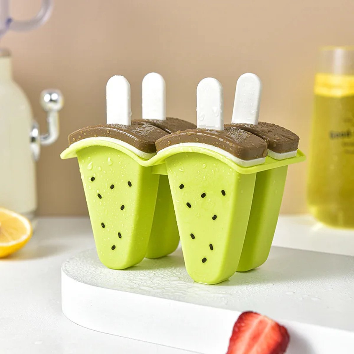 Without Lemon - IJslolly Vorm - IJsjes vorm voor 4 IJsjes - Fruitijs - Waterijs - Yogurtijs - DIY IJsjes - Gezond - Zomer - Duurzaam - 13x7x10CM - Kiwi