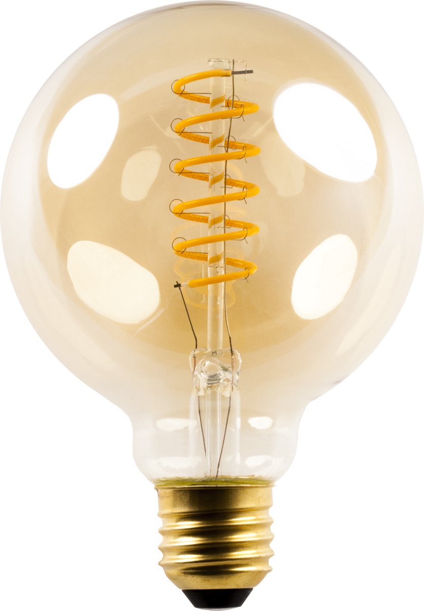 E27 LED globelamp G95, spiraalfilament, amber glas, 5W/420 lumen, 2200K dimbaar, Ø95 x H135 mm, RA>80