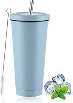 IJskoffiemok met deksel en rietje, 750 ml geïsoleerde roestvrijstalen beker, dubbelwandige vacuümreiskoffiemok, herbruikbare waterbeker houdt drankjes koud en warm (blauw, 1 verpakking)