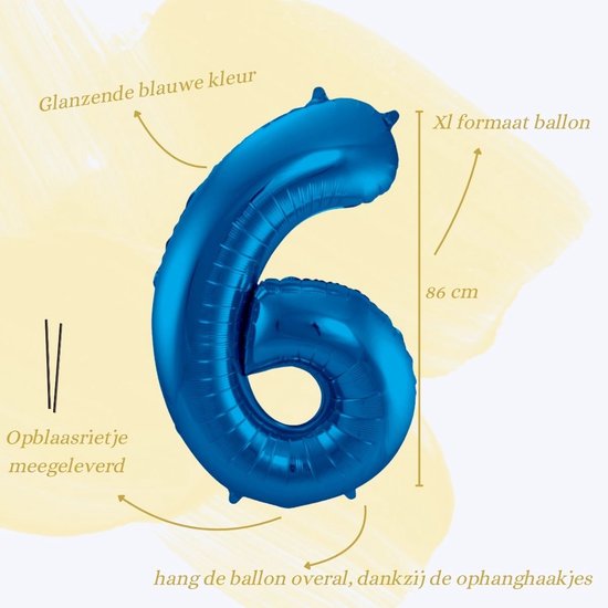 Grote, glanzende blauwe cijfer 6 ballon, 86 cm, met meegeleverd opblaasrietje.