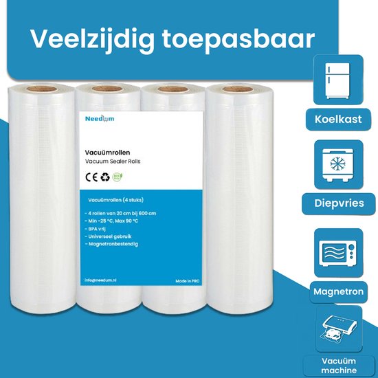 Lot de 4 rouleaux sous vide Needum de 20 cm x 600 cm. Adaptés pour le réfrigérateur, le congélateur et le micro-ondes.