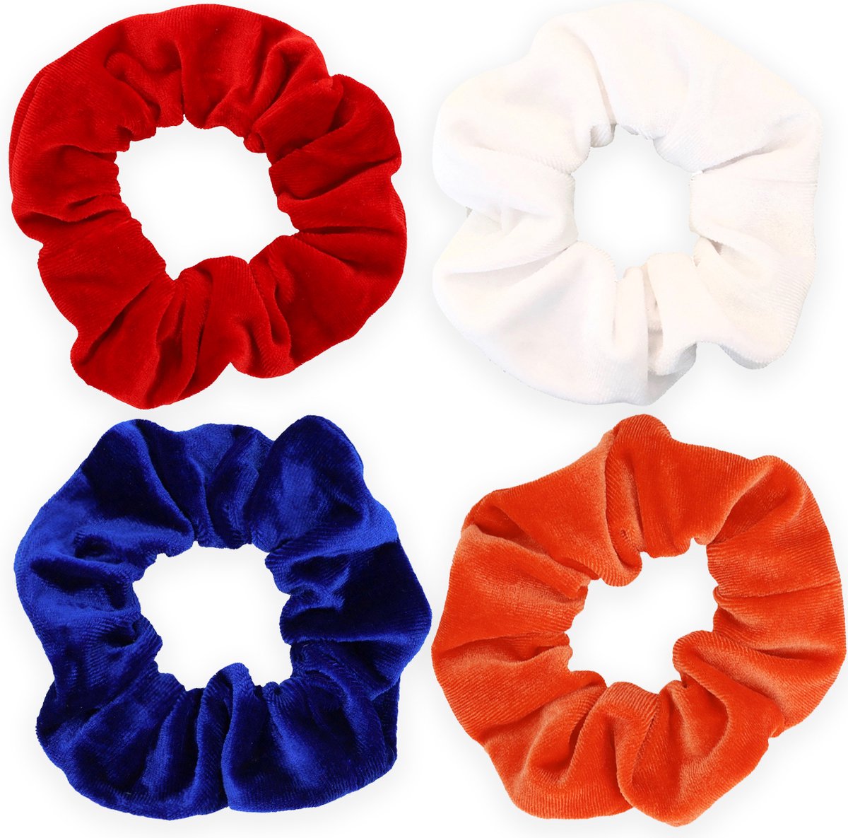 WK Scrunchie kraagjeskopen.nl - Velvet haarwokkel haarelastiek oranje rood wit blauw - 4 stuks - Koningsdag - scrunchies
