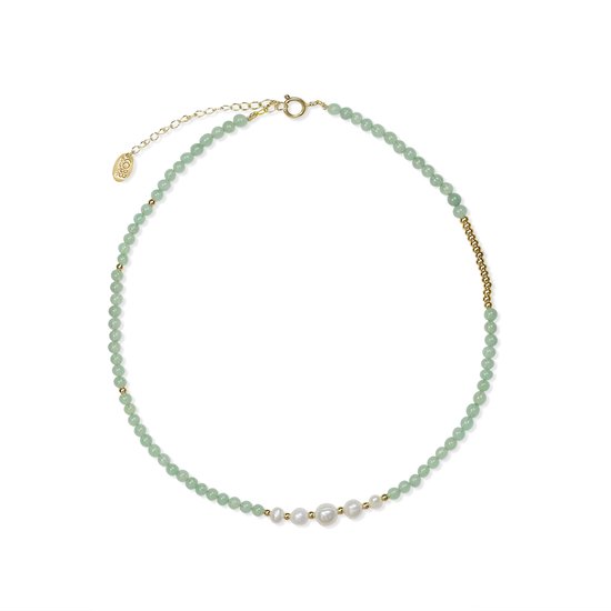 CO88 Collection 8CN-26327 Jade Kralen en Parelketting - Dames - jade - Parel - Staal - Kraal 4 mm - 40 + 5 cm Lengte - Groen/Wit /Goudkleurig