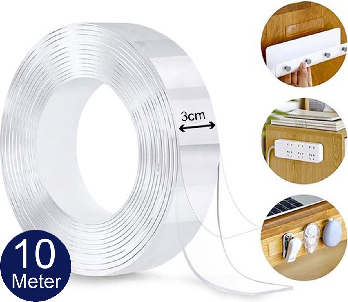 Elite Elements Dubbelzijdig Tape Extra Sterk Transparant Montagetape Plakband Herbruikbaar en Waterbestendig 10m Lang & 3cm Breed