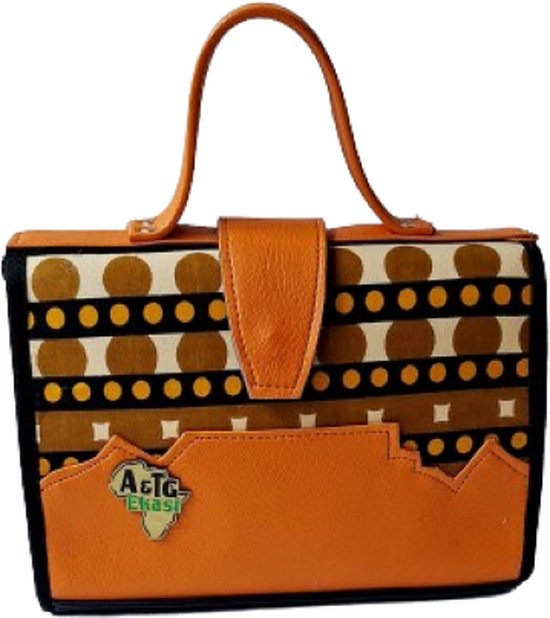 Jacqui's Arts & Designs - African design - damestas - elegant - zacht oranje - handgemaakt - Afrikaanse stof - vegan leer - faux leer - Afrikaans geïnspireerd - kleurrijk